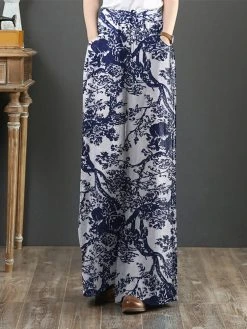 High Waist Plants Print Pocket Wide Leg Pants -Zanzea Shop 269b5748 18ca 4867 9c17 e8a6b2becb74