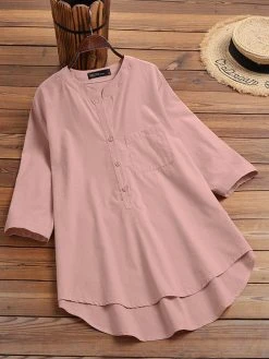 Solid Button Pocket High-Low Hem Casual Cotton Blouse -Zanzea Shop 26c796c6 0eb3 4955 bd2e 1b744b0e1abe