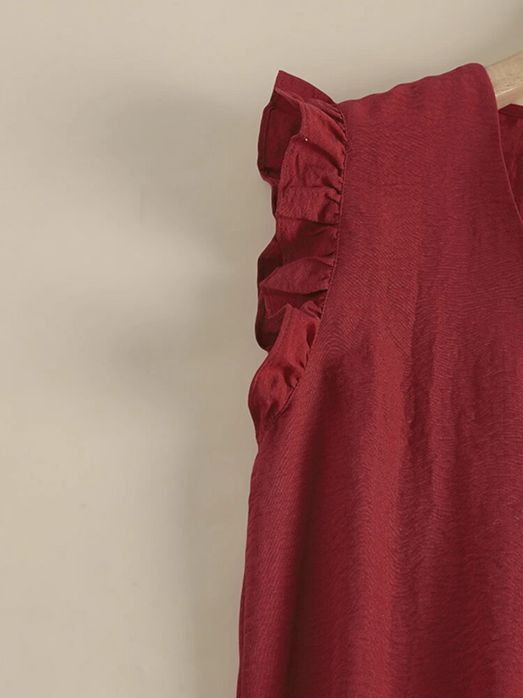 Women Solid V-Neck Button Front Ruffle Sleeveless Blouse 7 Women Solid V-Neck Button Front Ruffle Sleeveless Blouse - Image 7