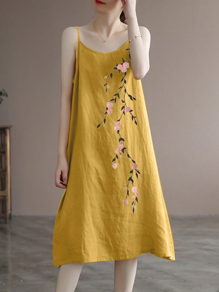 Women Floral Embroidered Cotton Spaghetti Strap Dress 3 Women Floral Embroidered Cotton Spaghetti Strap Dress - Image 3