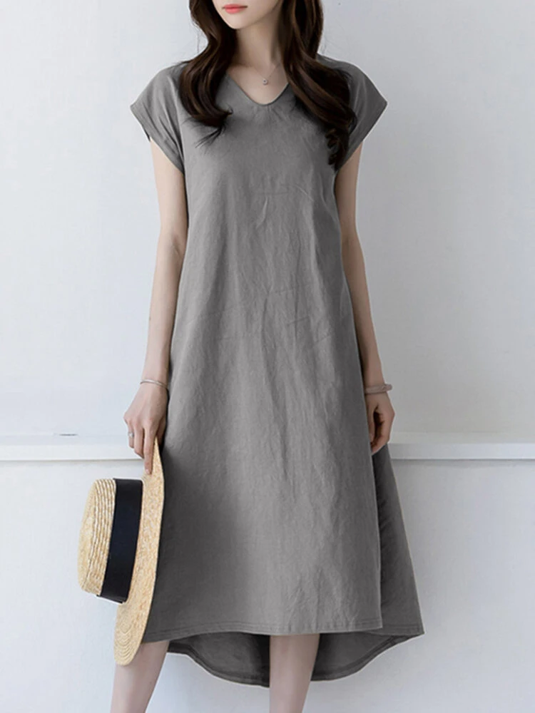 Solid High-low V-neck Short Sleeve Casual Dress 4 Solid High-low V-neck Short Sleeve Casual Dress - Image 4
