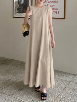 Solid Sleeveless Pocket Swing Crew Neck Cotton Maxi Dress -Zanzea Shop 27241182 8c9a 43a1 b170 e2ff7c64f19e