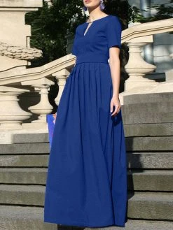 Solid Pleated Notch Neck Short Sleeve Maxi Dress With Belt -Zanzea Shop 273f48f9 cd43 4ae7 a20b 53b08a458960