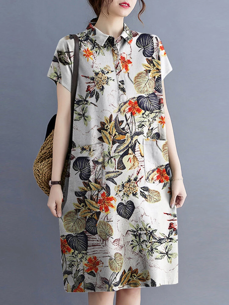 Plant Print Button Pocket Casual Cotton Midi Dress 5 Plant Print Button Pocket Casual Cotton Midi Dress - Image 5