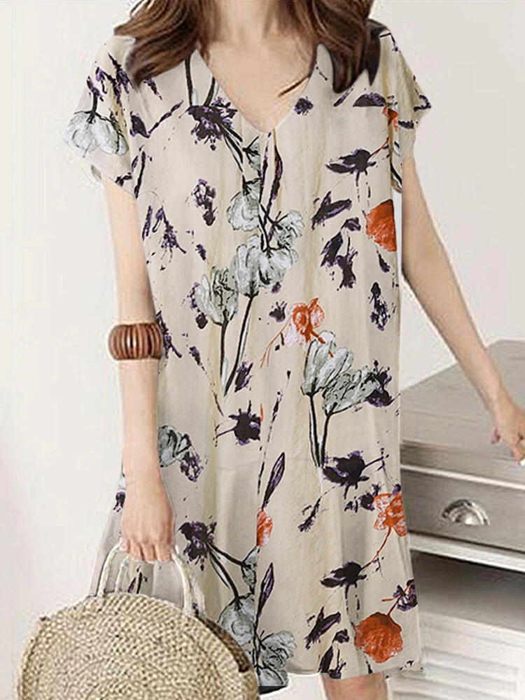 Plant Print Ruffle V Neck Short Sleeve Casual Dress 1 Plant Print Ruffle V Neck Short Sleeve Casual Dress