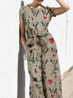 Plant Print Pocket Sash Round Neck Short Sleeve Jumpsuit -Zanzea Shop 276ca89d 0193 4169 bf12 982cd4d162c7