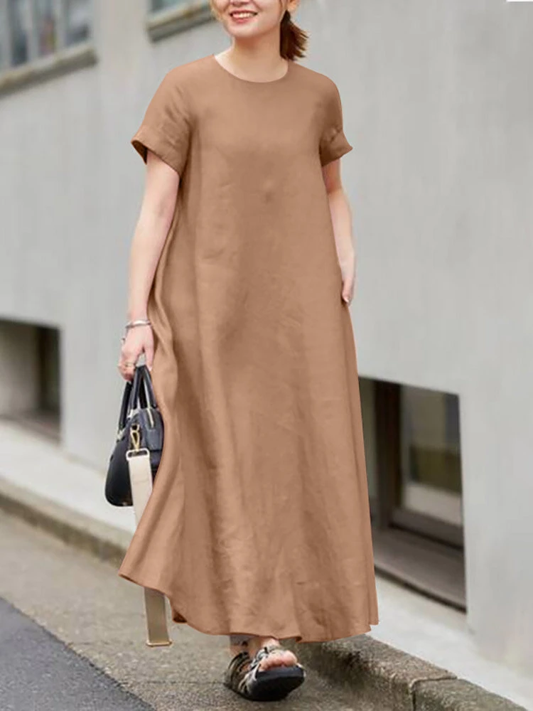 Solid Pocket Round Neck Short Sleeve Casual Cotton Maxi Dress 6 Solid Pocket Round Neck Short Sleeve Casual Cotton Maxi Dress - Image 6