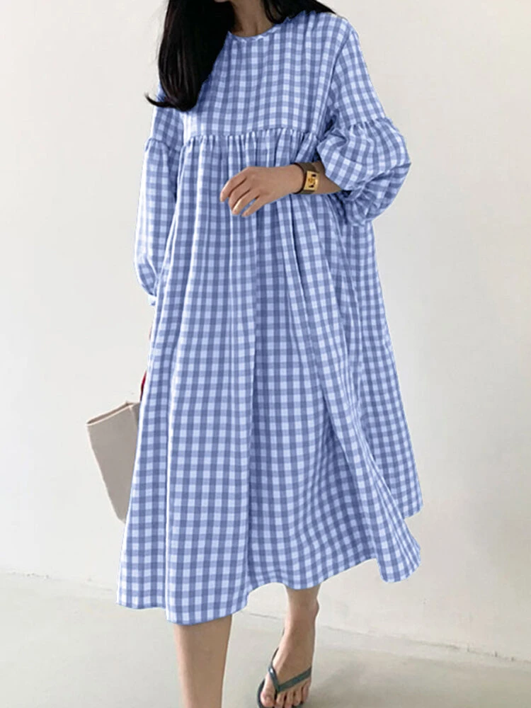 Plaid Print Pleated Puff Sleeve Casual Dress For Women 2 Plaid Print Pleated Puff Sleeve Casual Dress For Women - Image 2