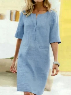 Women Solid Half Sleeve Notch Neck Vintage Dress