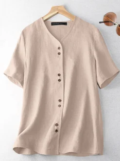 Solid Button Front Short Sleeve V-neck Casual Blouse -Zanzea Shop 281b23ba cc90 4243 bc41 6260176c3530