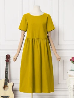 Solid Ruched Round Neck Short Sleeve Casual Cotton Midi Dress -Zanzea Shop 281e998a 8bfe 480c b44d 4a67653cb81f