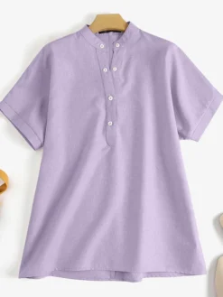 Solid Button Stand Collar Short Sleeve Loose Casual Blouse -Zanzea Shop 282ac0c8 d542 4302 bad5 30561ce6dff4