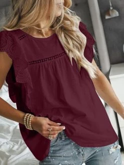 Lace Ruffle Sleeve Solid Crew Neck Loose Blouse -Zanzea Shop 283cbb47 c33d 4de3 b63c 7ffd4f379d1c