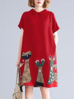 Cartoon Cat Print Short Sleeve Pocket Doll Collar Women Dress -Zanzea Shop 2845c222 3f9b 4c39 b6b4 3fc65f150eab