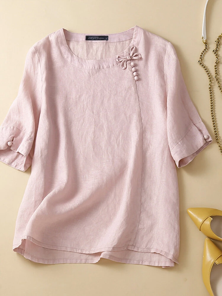 Women Solid Bowknot Button Detail Side Split Blouse 3 Women Solid Bowknot Button Detail Side Split Blouse - Image 3