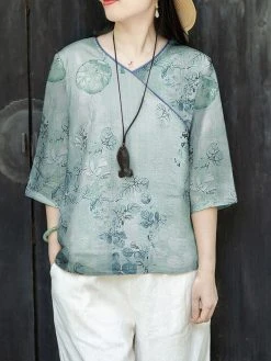 Women Plant Print Contrast Piped V-Neck 3/4 Sleeve Blouse -Zanzea Shop 28856fdb da06 445b b88b e06c4192abc1