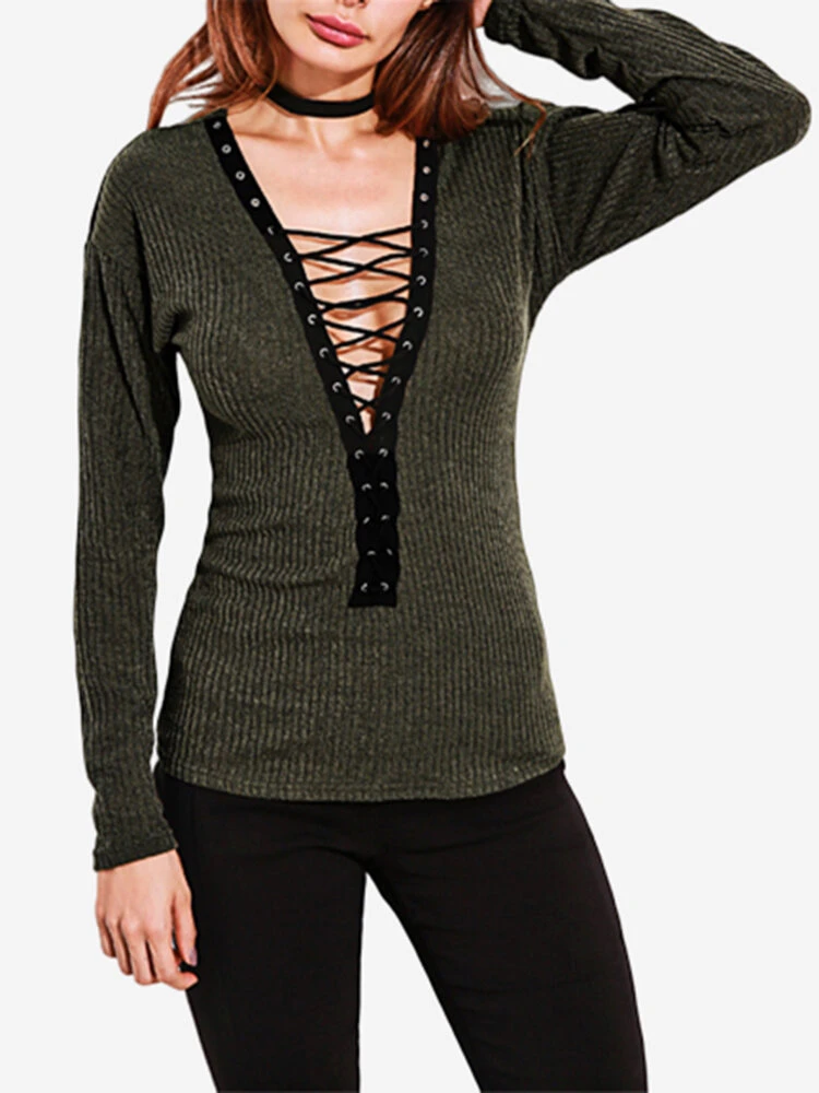 Criss-Cross Long Sleeve V-neck Blouses 1 Criss-Cross Long Sleeve V-neck Blouses