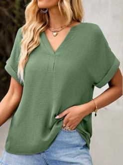 Solid V-neck Short Sleeve Casual Loose Women Blouse -Zanzea Shop 28cf69e5 99fd 4d2d 801b db9dcb6fa555