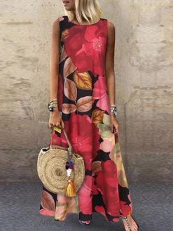Flower Print Crew Neck Sleeveless Maxi Dress For Women