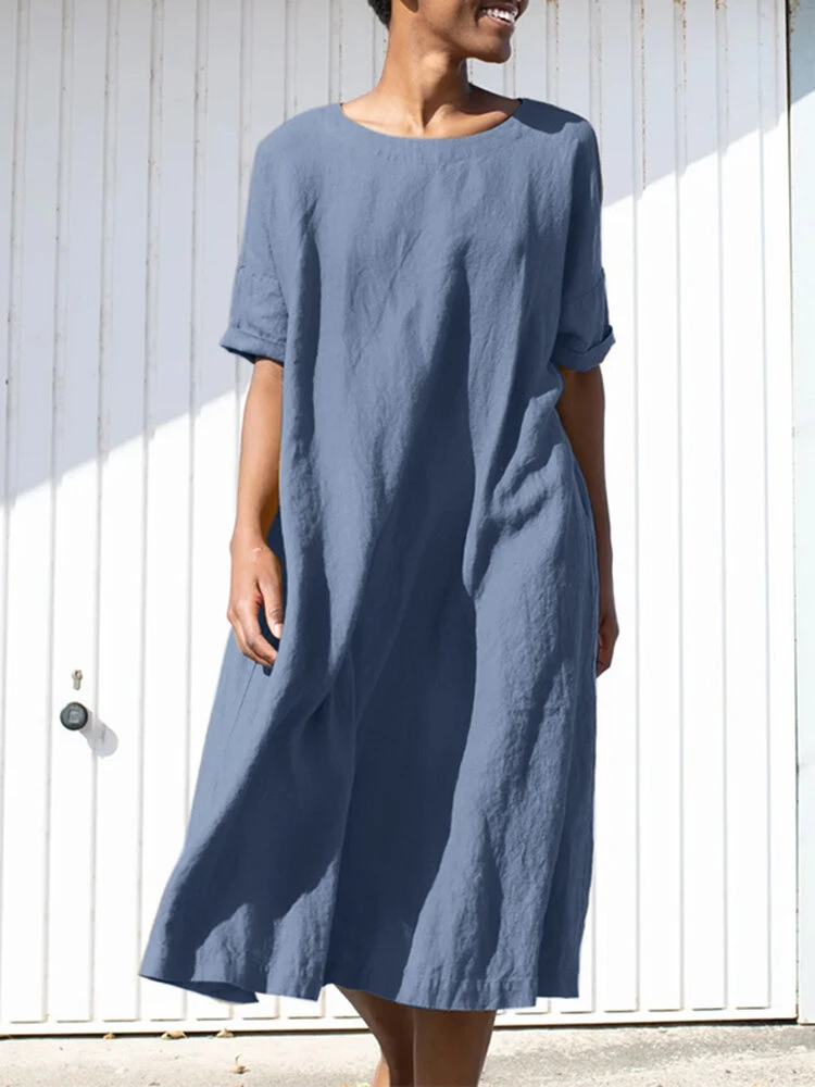 Solid Loose Crew Neck Short Sleeve Casual Dress With Belt 10 Solid Loose Crew Neck Short Sleeve Casual Dress With Belt - Image 10