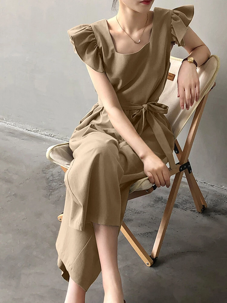 Solid Ruffle Sleeve Pocket Square Collar Wide Leg Jumpsuit 12 Solid Ruffle Sleeve Pocket Square Collar Wide Leg Jumpsuit - Image 12