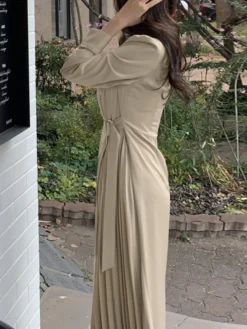 Solid Irregular Pleated Adjustable Belt Long Sleeve Dress -Zanzea Shop 29044d7b 104c 4617 9123 2b800cc05b3b