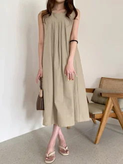 Solid O-neck Pleated Sleeveless Pocket Women Casual Dress -Zanzea Shop 29077194 4f9b 49ef 8c50 18b9e2b3ba8c