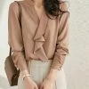 Solid Ruffle Stand Collar Long Sleeve Blouse For Women
