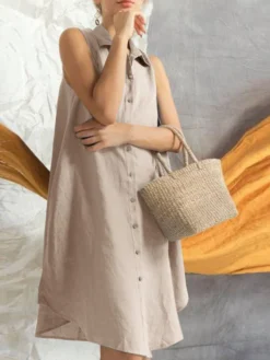 Women Solid Sleeveless Lapel Button Front Shirt Dress