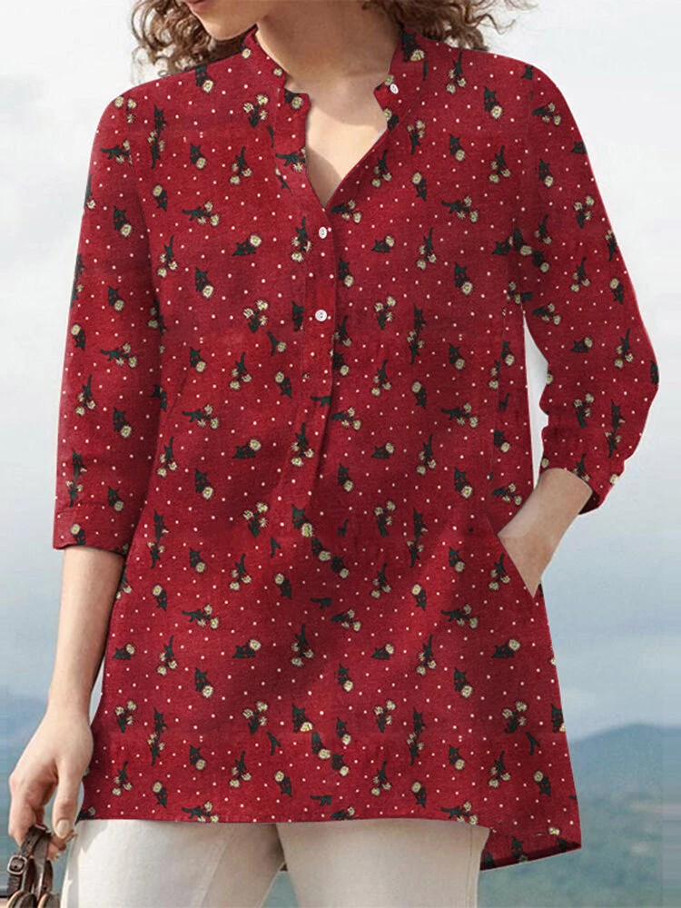 Floral Print Button Pocket Stand Collar 3/4 Sleeve Blouse 1 Floral Print Button Pocket Stand Collar 3/4 Sleeve Blouse