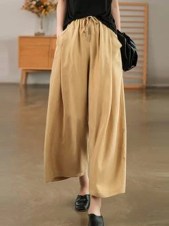 Women Solid Drawstring Waist Casual Wide Leg Pants