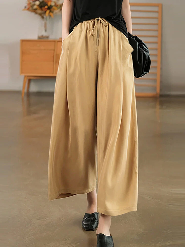 Women Solid Drawstring Waist Casual Wide Leg Pants 1 Women Solid Drawstring Waist Casual Wide Leg Pants