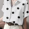 Dot Print Slit Hem Button Roll Sleeve Lapel Shirt