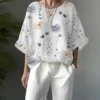 Women Floral Print Crew Neck Drop Shoulder Loose Blouse