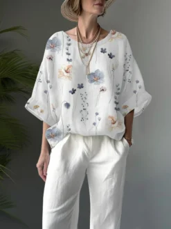 Women Floral Print Crew Neck Drop Shoulder Loose Blouse