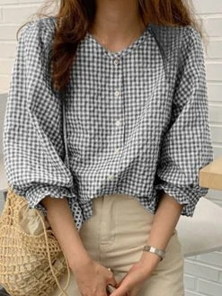 Women Plaid Seersucker Button Front Casual 3/4 Sleeve Shirt -Zanzea Shop 299d1050 eb75 4e17 a593 a3132d8781f3
