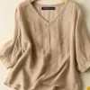 Women Lace Trim V-Neck Cotton Plain 3/4 Sleeve Blouse