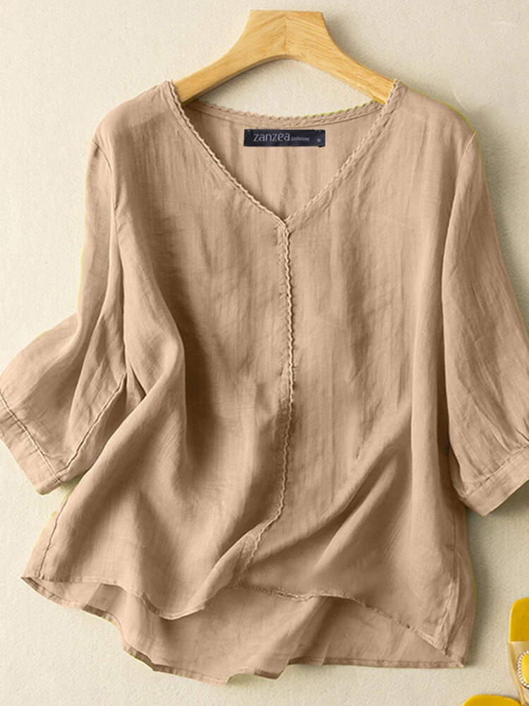 Women Lace Trim V-Neck Cotton Plain 3/4 Sleeve Blouse 1 Women Lace Trim V-Neck Cotton Plain 3/4 Sleeve Blouse