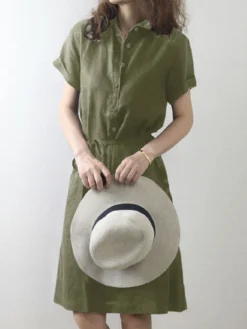 Solid Button Front Lapel Short Sleeve Dress With Belt -Zanzea Shop 2a0031bf 0c5d 47e9 935b 49f2e63b491b