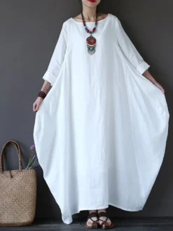 Vintage Women Solid 3/4 Sleeve Loose Maxi Dress With Pocket