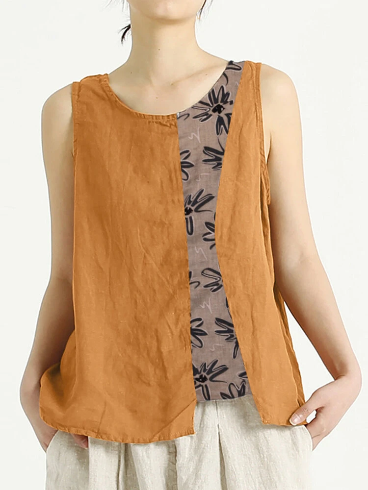 Women Floral Print Patchwork Crew Neck Cotton Sleeveless Tank Top 3 Women Floral Print Patchwork Crew Neck Cotton Sleeveless Tank Top - Image 3