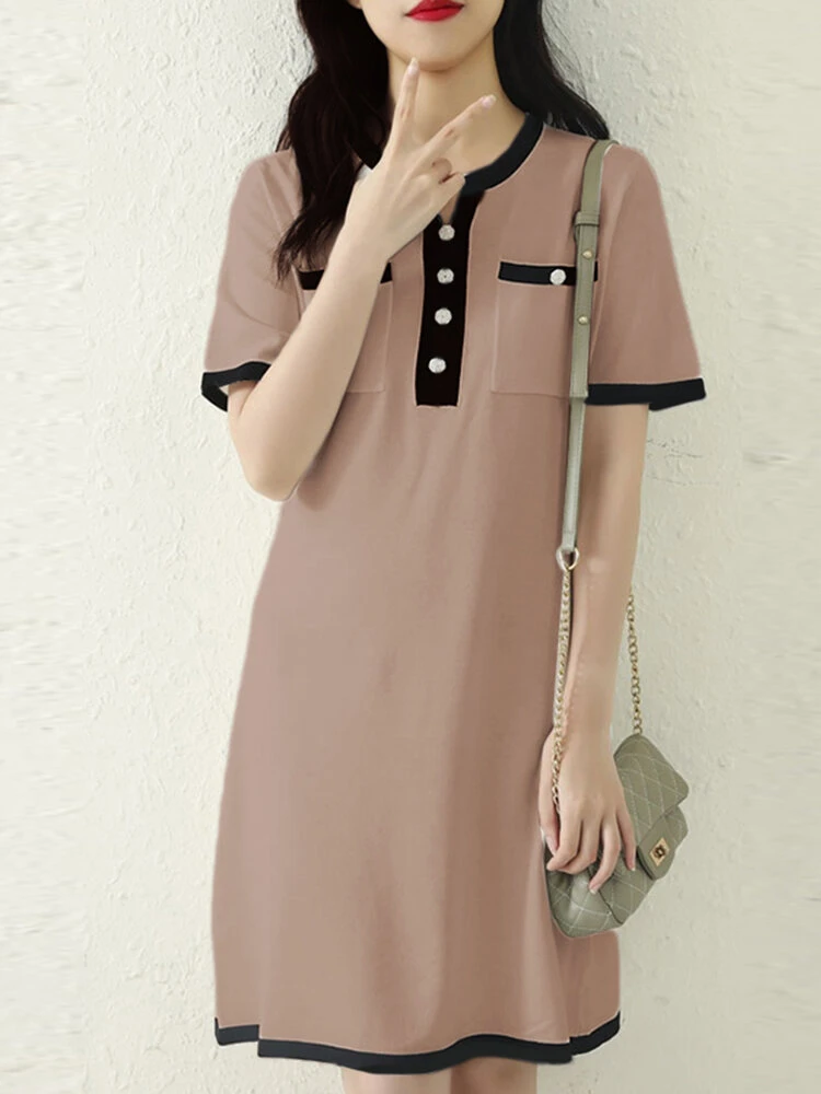 Contrast Pocket Short Sleeve Notch Neck Casual Dress 9 Contrast Pocket Short Sleeve Notch Neck Casual Dress - Image 9