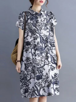 Plants Print Lapel Button Short Sleeve Dress -Zanzea Shop 2a644da9 03b8 4f3d bc81 8e3e96b040f2