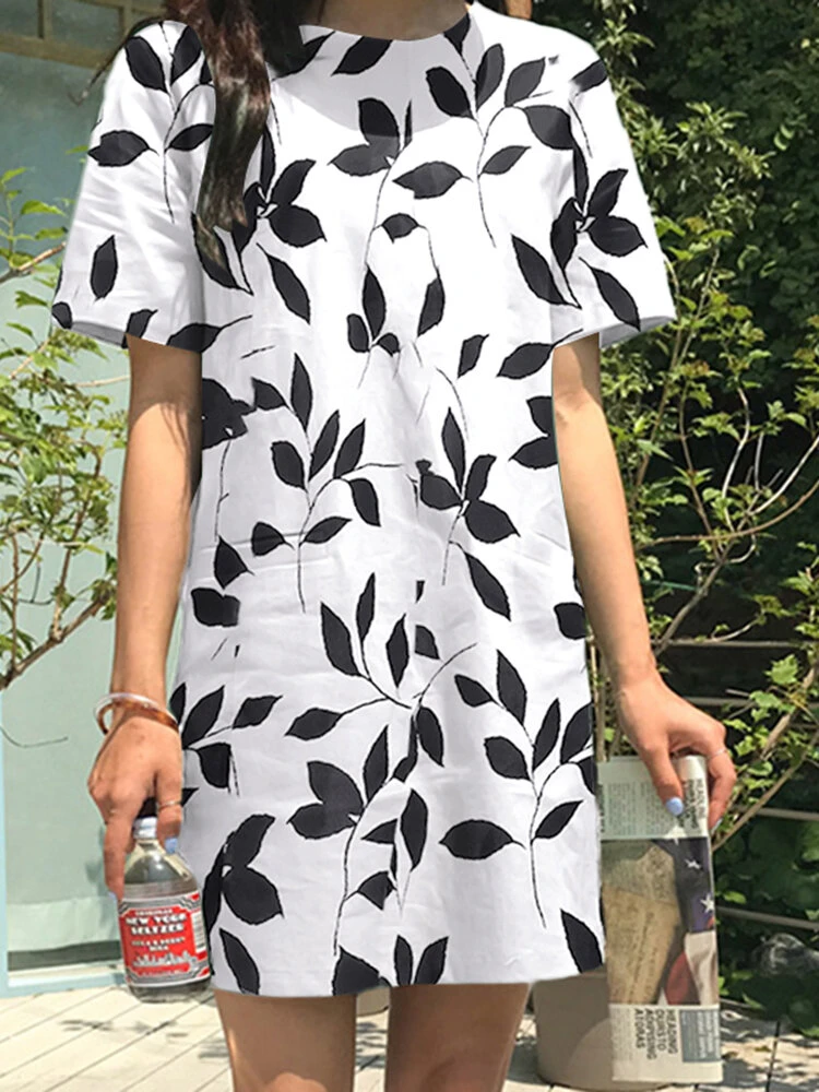 Leaves Print Pocket Crew Neck Short Sleeve Casual Dress 4 Leaves Print Pocket Crew Neck Short Sleeve Casual Dress - Image 4