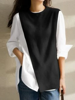 Contrast Patchwork Long Sleeve Crew Neck Casual Blouse -Zanzea Shop 2a944dbf fc7a 417a 95d3 11b32da0cb42