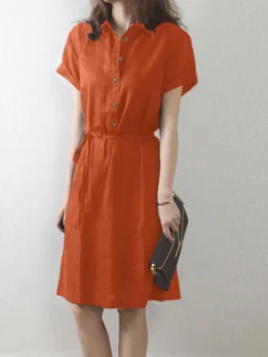 Solid Button Front Lapel Short Sleeve Dress With Belt -Zanzea Shop 2aaefaa2 94b6 4207 b2ce 4160646449db