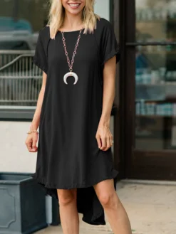 Women Solid Crew Neck Ruffle Trim Casual Short Sleeve Dress -Zanzea Shop 2ad5a9c9 a035 4b98 8662 dff4afd04654