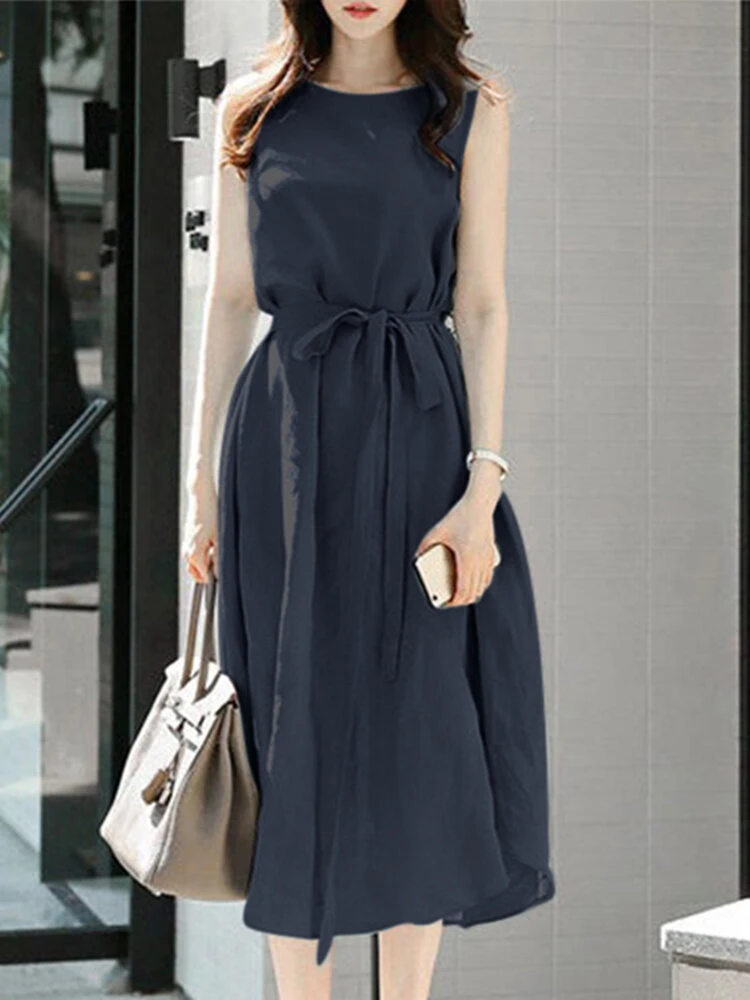 Solid Sleeveless Button Back Midi Dress With Belt 4 Solid Sleeveless Button Back Midi Dress With Belt - Image 4