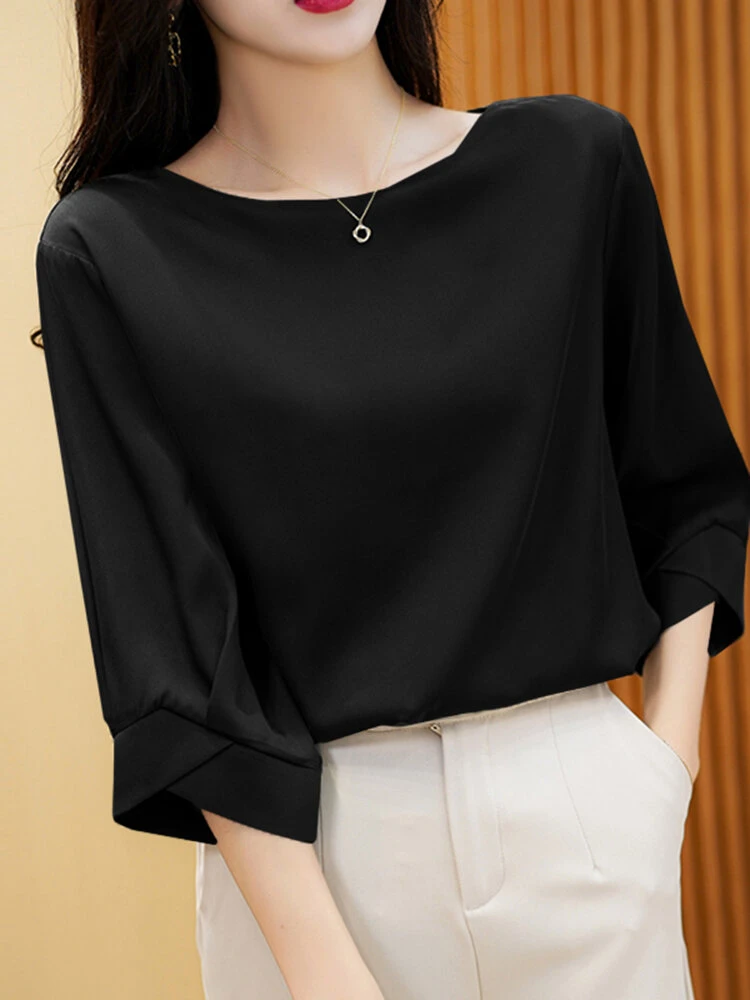 Satin Solid Crew Neck 3/4 Sleeve Women Blouse 10 Satin Solid Crew Neck 3/4 Sleeve Women Blouse - Image 10