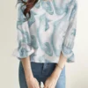 Marble Print 3/4 Sleeve Crew Neck Ruffle Blouse